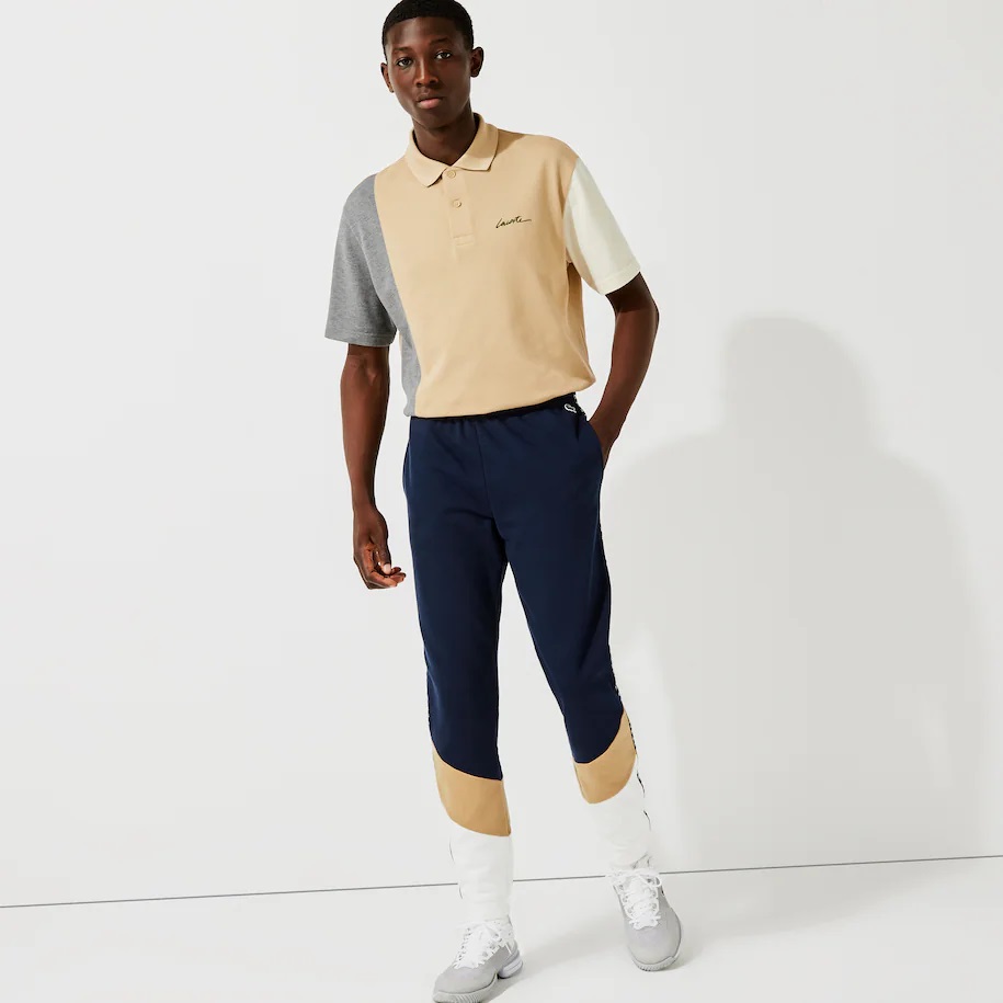 Pantalon de jogging Lacoste en molleton color-block avec bandes siglées Bleu Marine/Beige/Blanc
