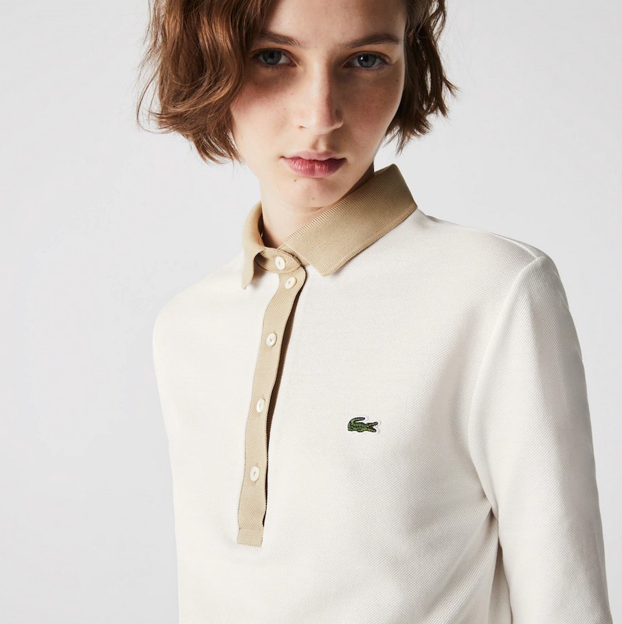 Polo Lacoste slim fit en coton à manches trois-quarts Blanc/Beige