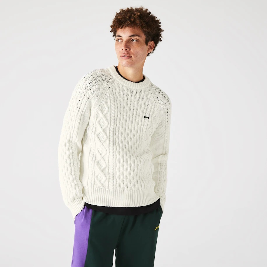 Pull Lacoste L!VE uni en maille torsadée blanc