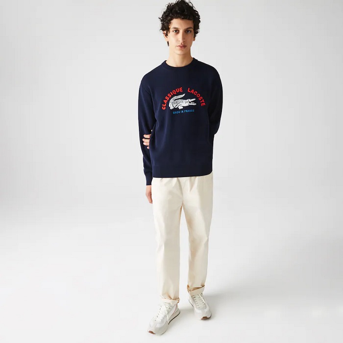 Pull Made in France Lacoste à col rond en coton stretch brodé Bleu Marine