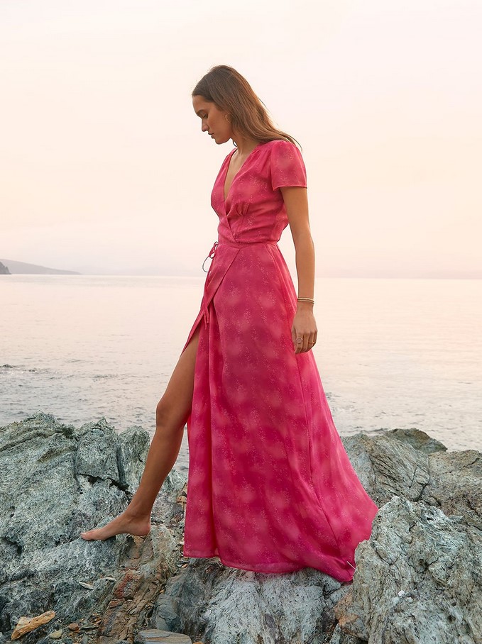 Robe portefeuille en soie imprimé CHAMPAGNE Soi Paris Rose Fuschia