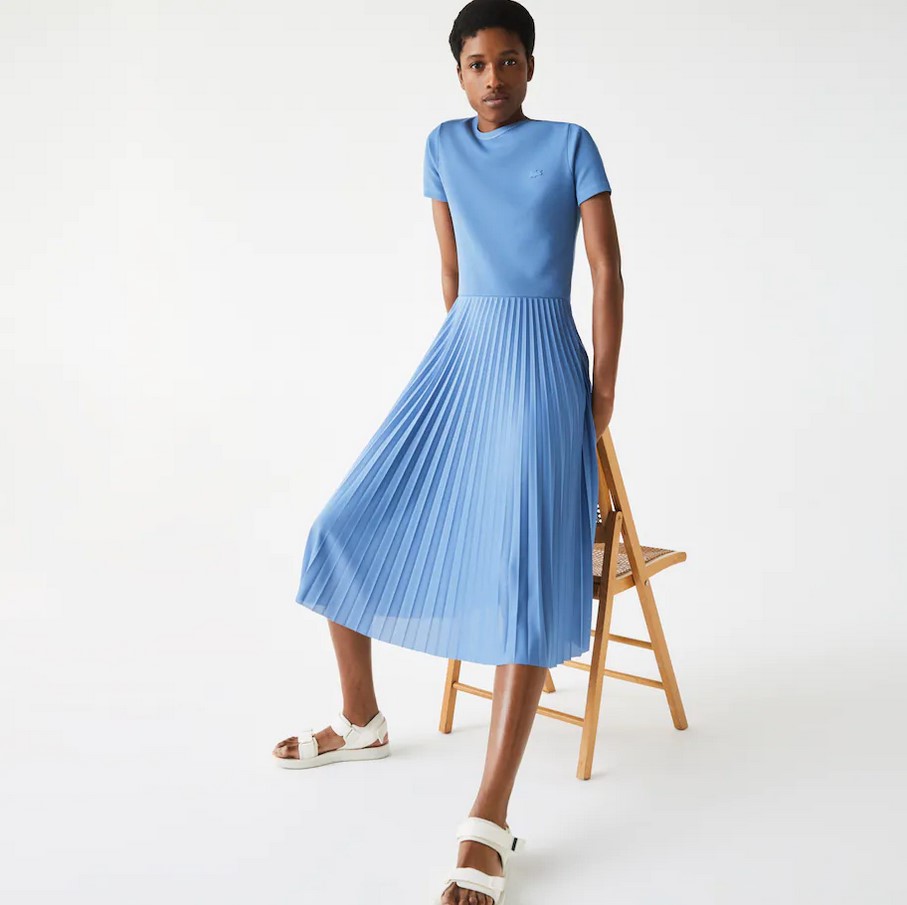 Robe midi plissée texturée unie Lacoste Bleu/Bleu Clair