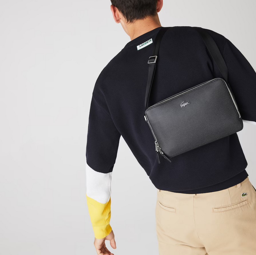 Sacoche zippée Chantaco Lacoste en cuir piqué mat Noir