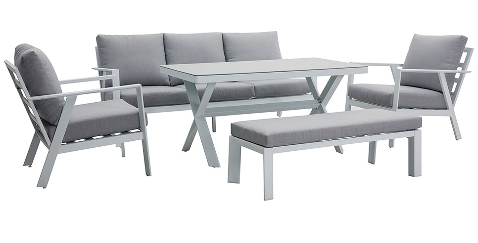 Salon de jardin 7 places CALYPSO avec table à manger en aluminium et tissu gris