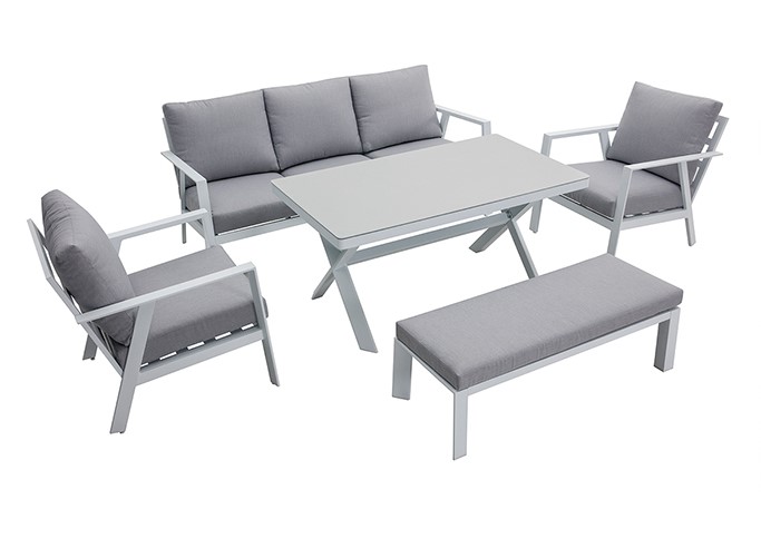 Salon de jardin 7 places CALYPSO avec table à manger en aluminium et tissu gris