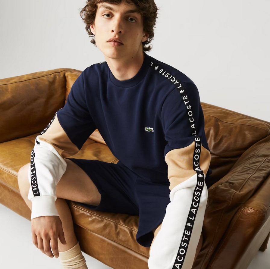 Sweatshirt à col rond Lacoste en molleton manches color-block siglées Bleu Marine/Beige/Blanc
