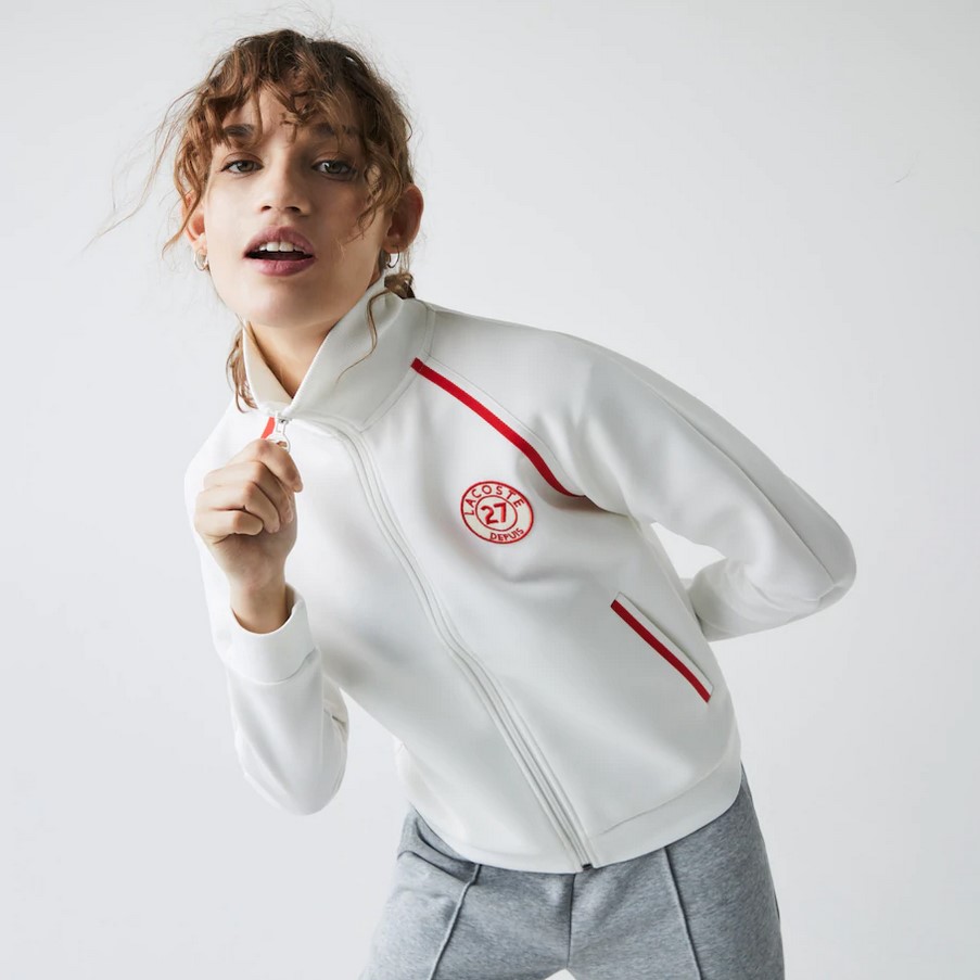 Sweatshirt zippé à col montant style vintage Lacoste Blanc/Rouge/Blanc