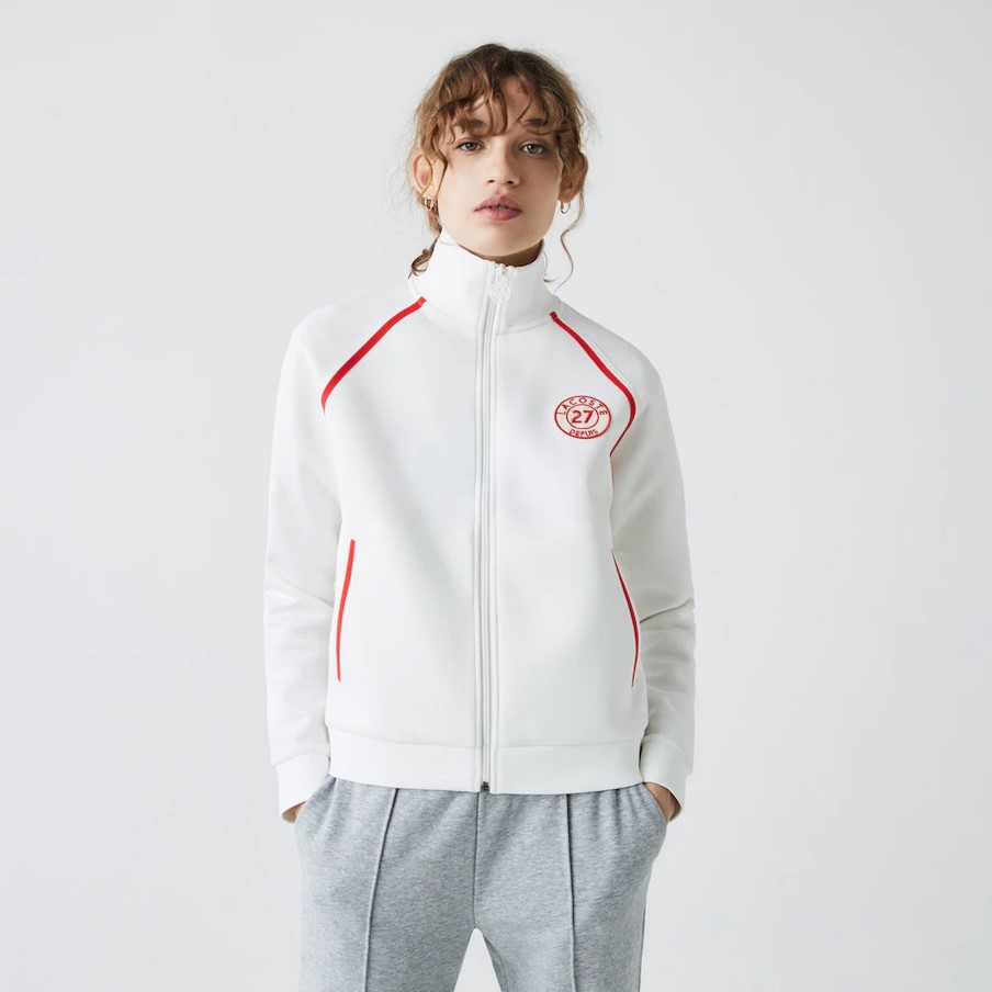 Sweatshirt zippé à col montant style vintage Lacoste Blanc/Rouge/Blanc