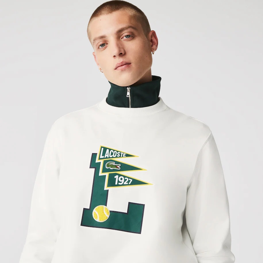 Sweatshirt zippé Lacoste en molleton de coton avec badge L à fanions Blanc