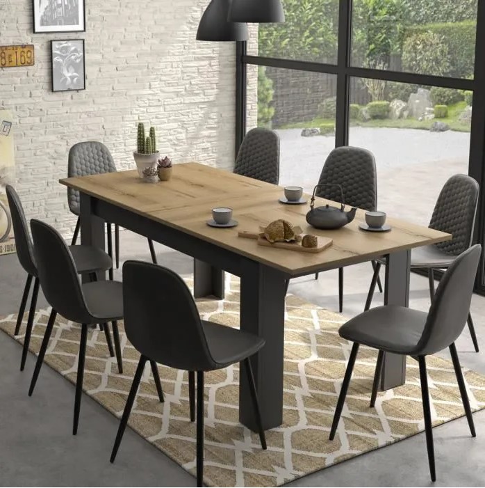 MANCHESTER Table à manger rectangulaire + allonge Décor chêne et noir