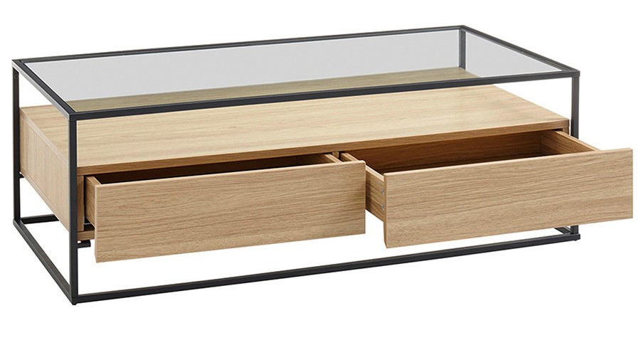 Table basse design FINN avec plateau verre et tiroirs bois