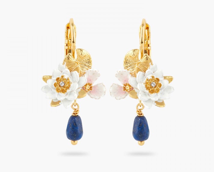 Boucles d'oreilles Dormeuses Nymphéa blanc et lapis-lazuli