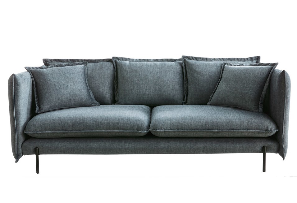  Canapé design 3-4 places ALMAR en tissu velours bleu gris et métal noir