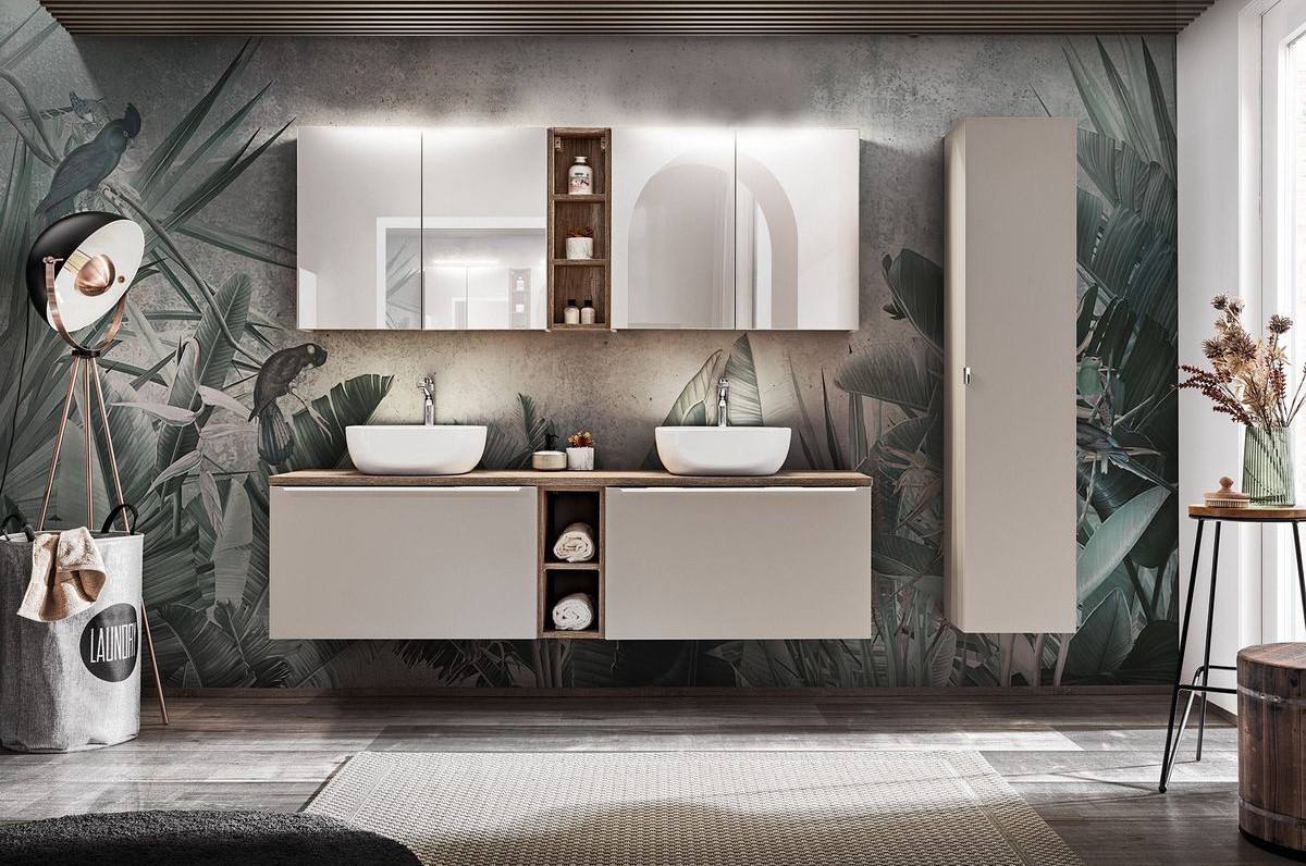 Ensemble de salle de bain 180 cm FANNY BOBOCHIC avec colonne et armoires murales 80cm avec miroirs Taupe