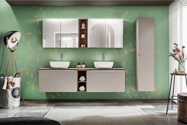 Ensemble de salle de bain 180 cm FANNY BOBOCHIC avec colonne et armoires murales 80cm avec miroirs Taupe