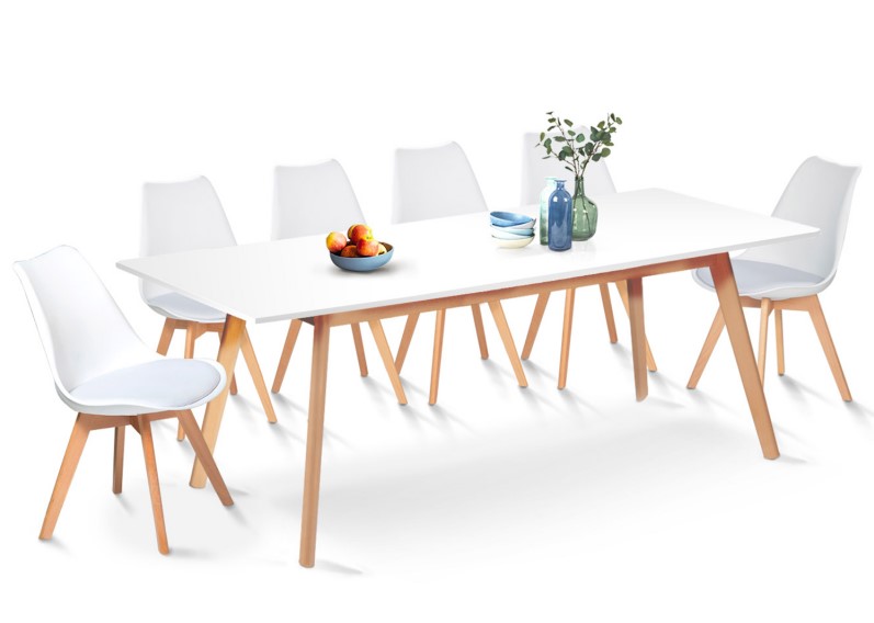 Ensemble Table à manger extensible INGA 160-200 cm et 6 chaises SARA blanches design scandinave
