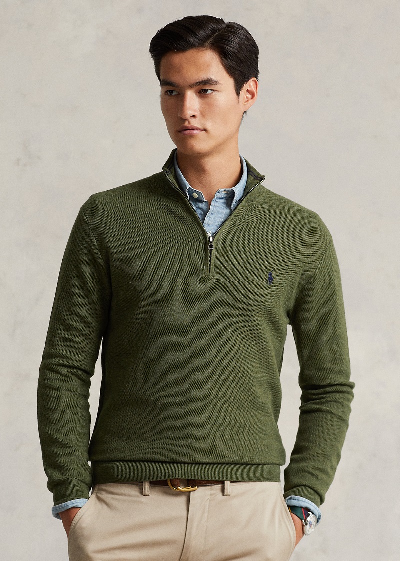 Polo Ralph Lauren Pull demi-zippé en coton piqué Army Olive Heather