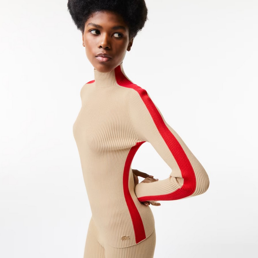 Pull Femme Lacoste sans couture avec bandes contrastées Beige/Rouge