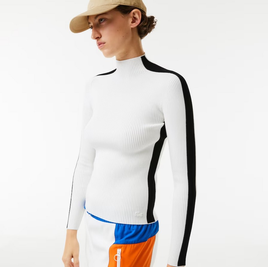 Pull Femme Lacoste sans couture avec bandes contrastées Blanc/Noir