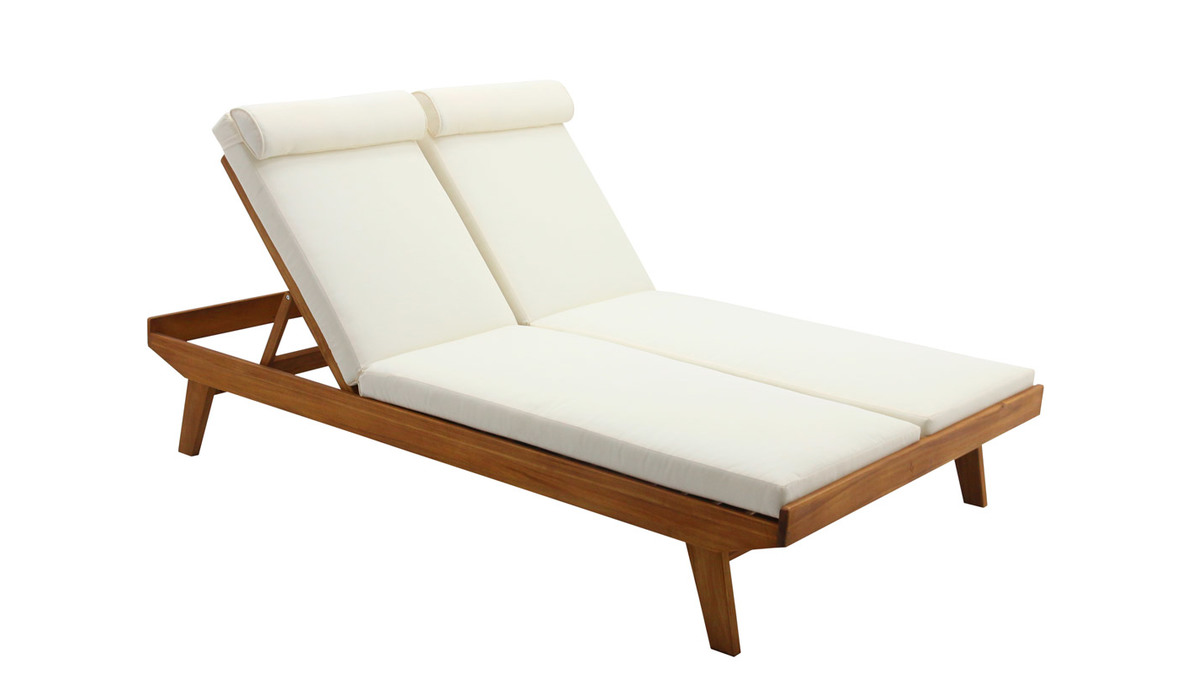 Bain de soleil double CARACAS avec dossiers multipositions blanc et bois massif - Bain de soleil Miliboo