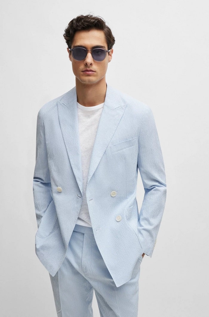 BOSS C-HANRY Costume Slim Fit en seersucker de coton stretch à rayures bleu clair 