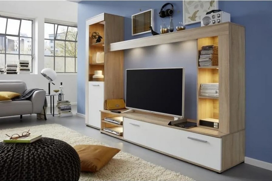 Ensemble meuble TV LOGO avec éclairage LED chêne clair et blanc mat