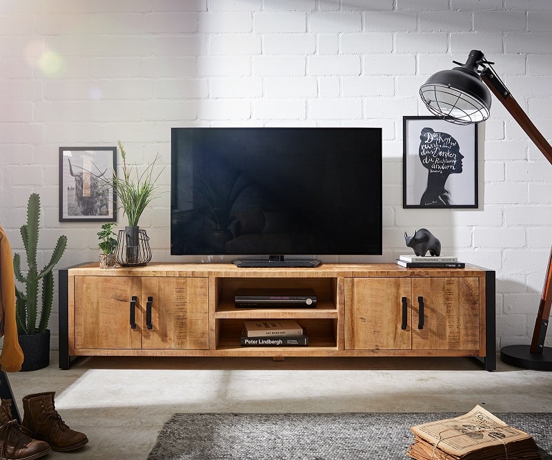 Meuble TV CROMPTON en Manguier Métal Noir 220cm - Meuble TV DELIFE