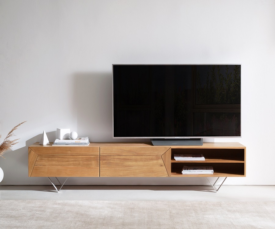 Meuble TV KAYU en acacia naturel 2 portes pied en V 160 cm - Delife