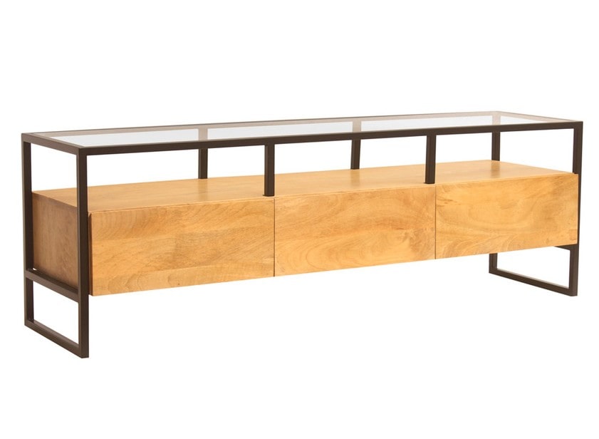 Meuble TV DIYA rectangulaire avec rangements en bois manguier massif, verre et métal noir - Miliboo