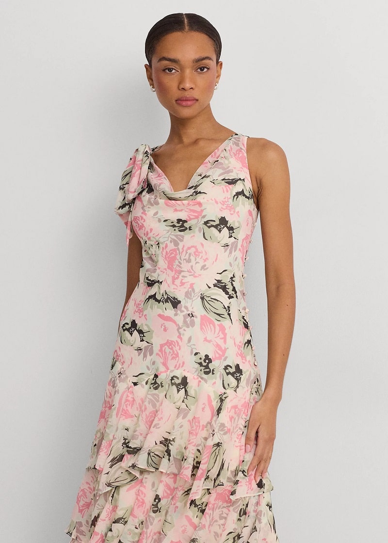 Lauren Robe Gitane fleurie georgette froissée Crème/Rose/Multi - Robe Femme Ralph Lauren