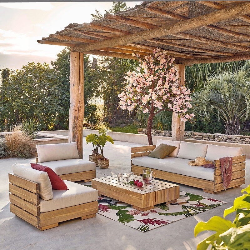 Salon de jardin LYNO 5 places en bois d'acacia et polyester recyclé beige grisé - Maisons du Monde