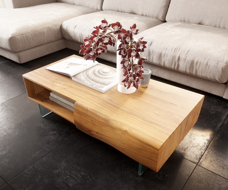 Table basse NEW LIVE EDGE en acacia naturel 2 tiroirs 1 compartiment pieds en verre - Delife