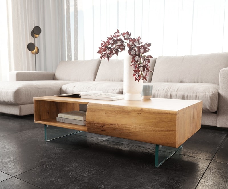 Table basse NEW LIVE EDGE en acacia naturel 2 tiroirs 1 compartiment pieds en verre