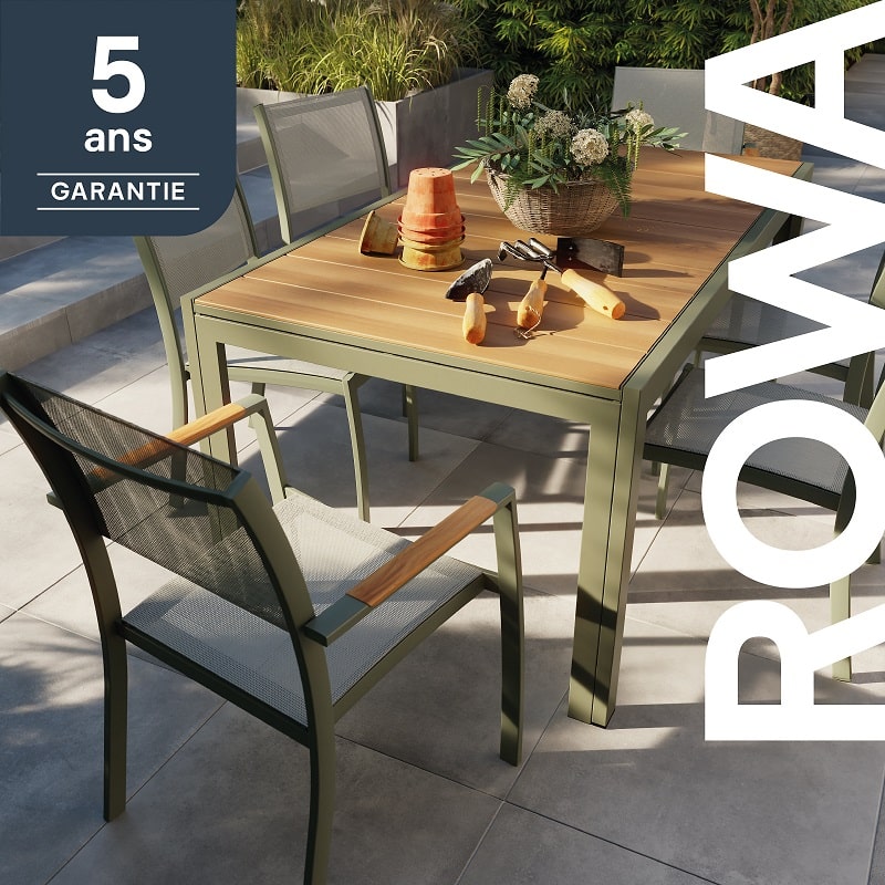 Table ROWA GoodHome aluminium mat vert lichen profond et plateau en aluminium effet bois - Castorama