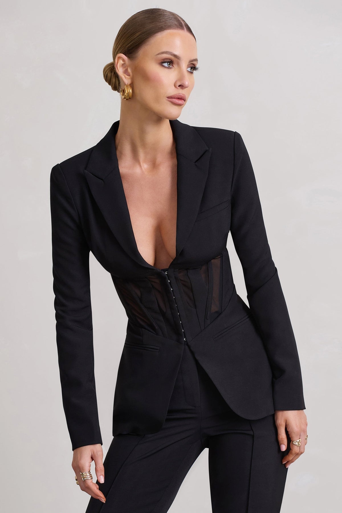 Blazer tailleur TRANSPARENCY noir avec corset et panels de maille - Blazer Club L London