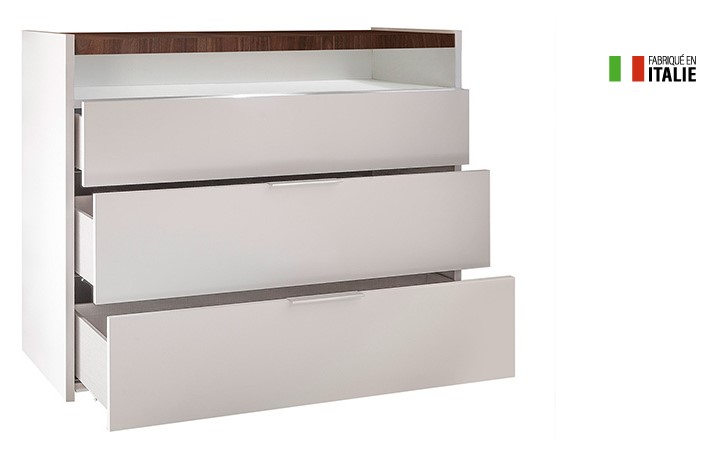 Commode design VERDI 3 tiroirs blanc mat plateau finition noyer
