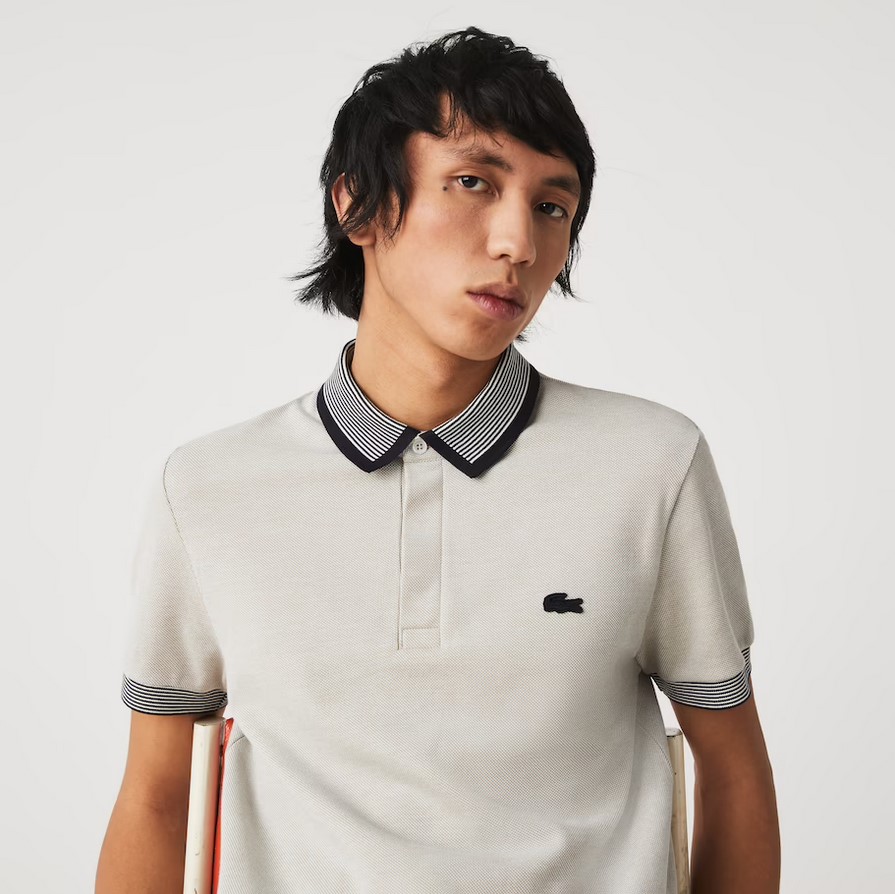 Polo Lacoste regular fit en coton avec finitions rayées Blanc/Beige/Bleu Clair