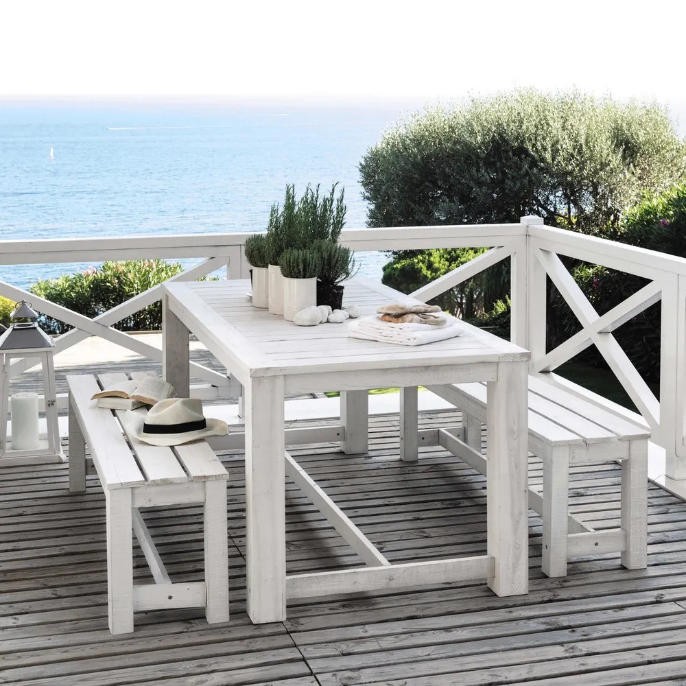 Table + 2 bancs de jardin BREHAT en bois blanc