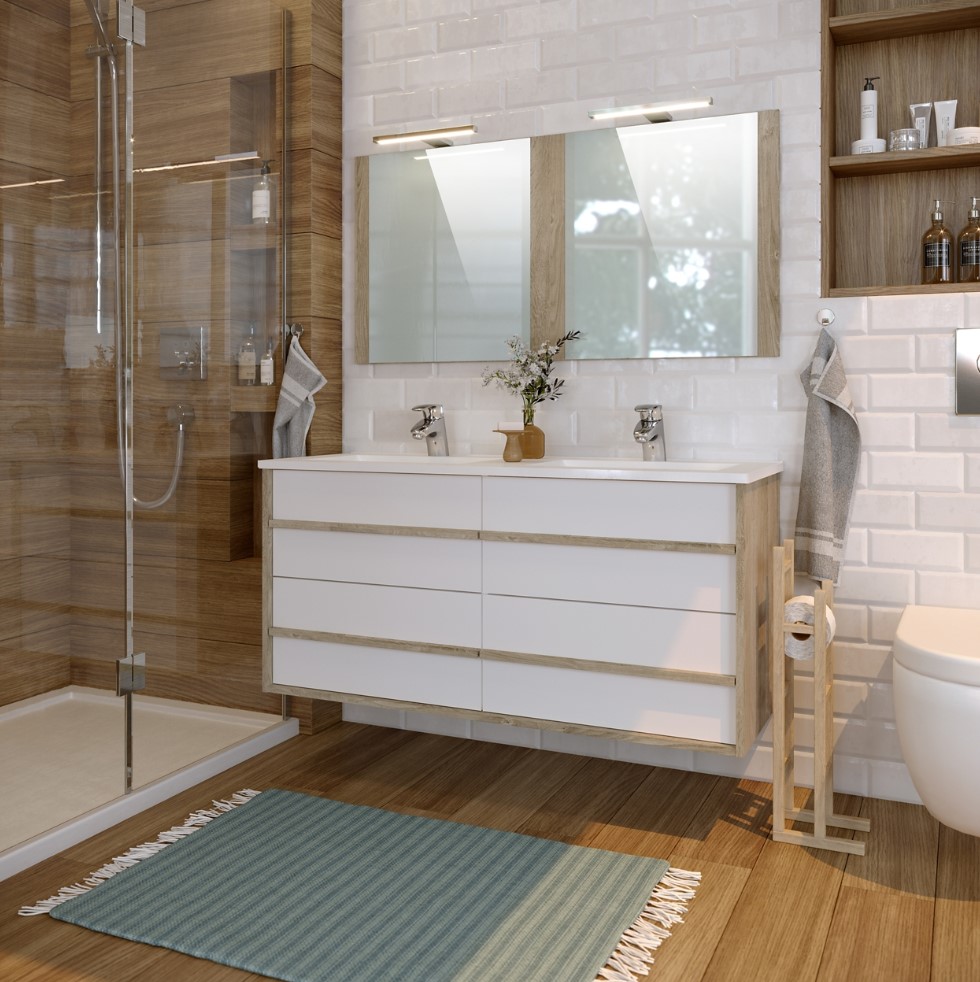 Meuble de salle de bain 120 cm KOH TAO Blanc et imitation chêne 