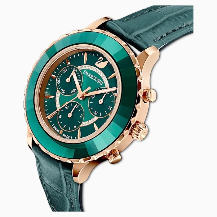 Montre Octea Lux Chrono Swarovski Bracelet en cuir vert PVD doré rose