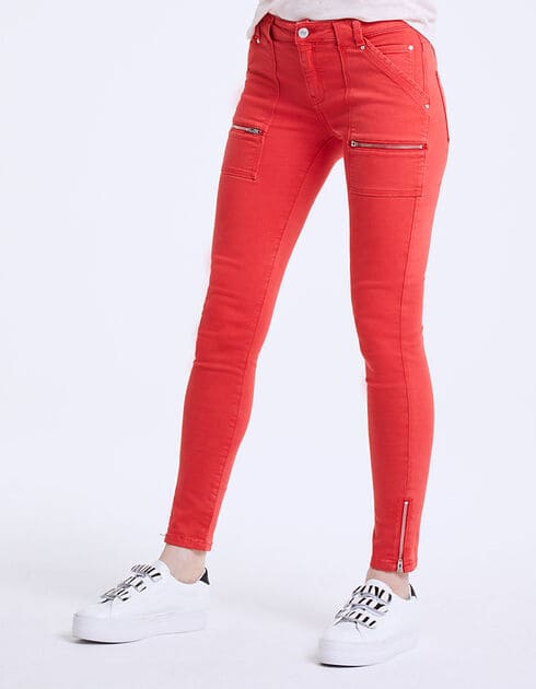 Jean slim rouge IKKS poches plaquées zippées pour Femme