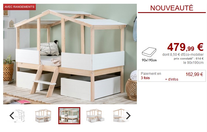 Lit Cabane VASCO avec 2 tiroirs 90 x 190cm