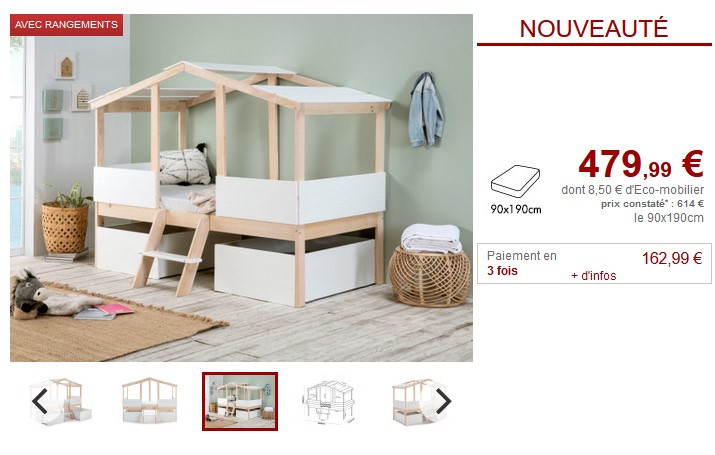 Lit Cabane VASCO avec 2 tiroirs 90 x 190cm en pin naturel