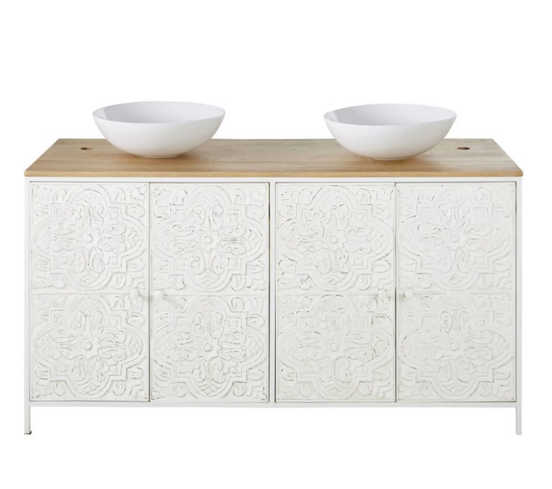 Meuble double vasque 4 portes KALOA en manguier et métal blanc sculpté - Maisons du Monde