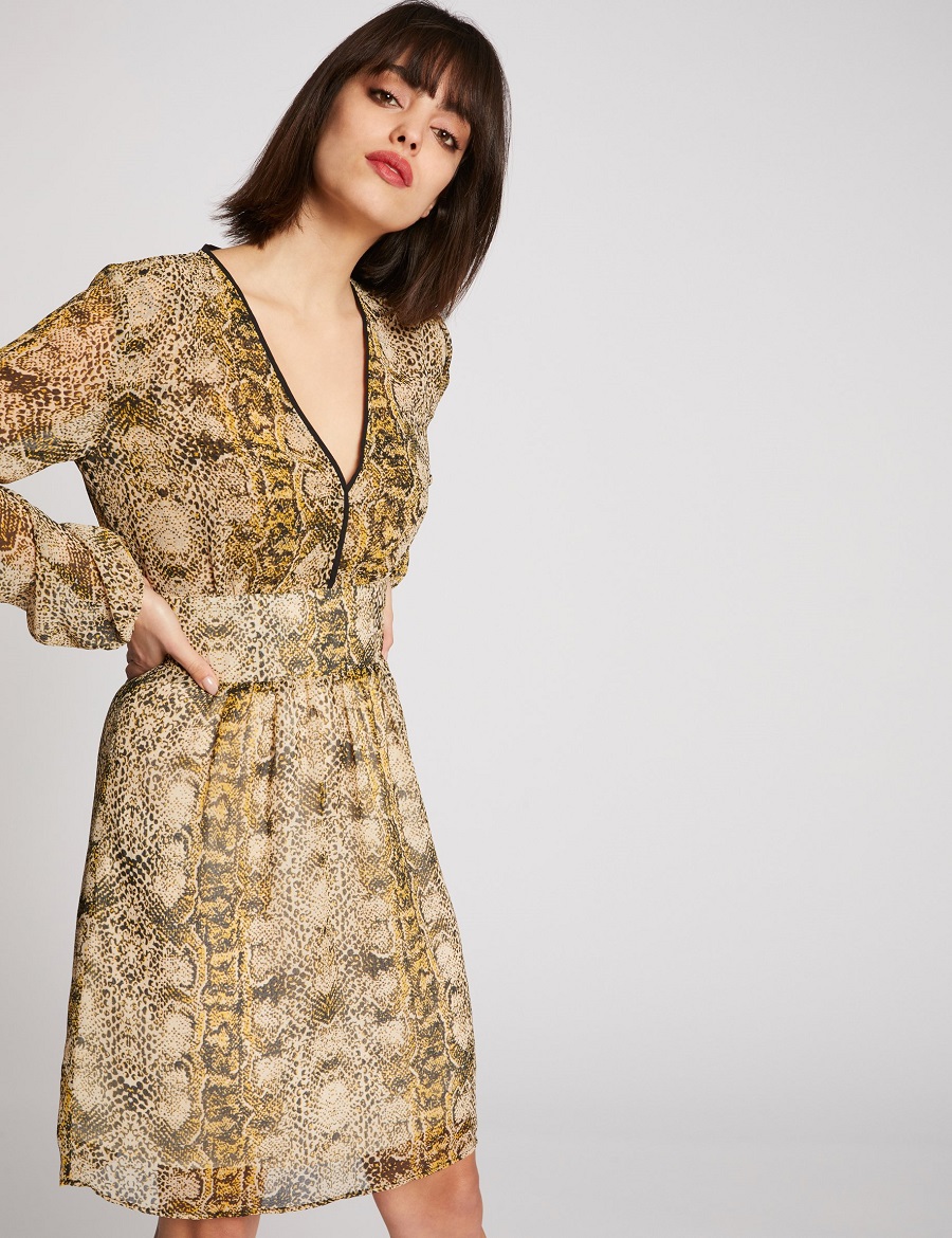 Robe évasée fluide imprimé python beige Morgan