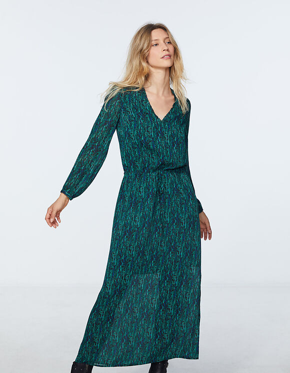 Robe longue en voile imprimé wavy fond vert IKKS