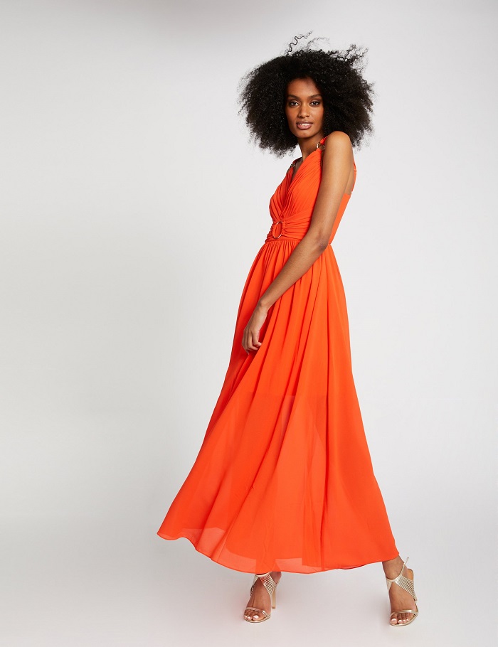 Robe longue evasee avec detail boucle orange Morgan Robe Morgan Iziva