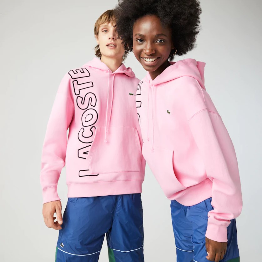 Sweatshirt unisexe Lacoste LIVE loose fit à capuche en coton mélangé brodé rose