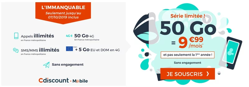 Forfait mobile pas cher - Cdiscount propose un forfait 50 Go à 9,99 €/mois et… à vie !