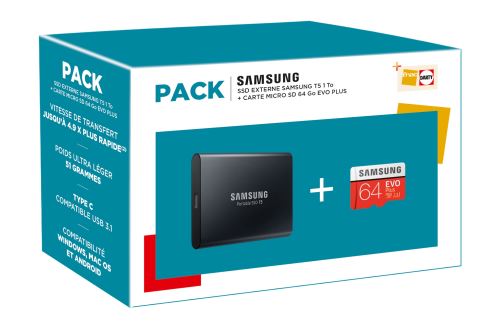 Pack SSD Externe Samsung T5 de 1 To + carte microSD 64 Go à 150 €
